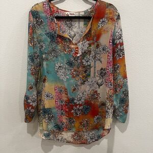 Tianello Women's Medium Multi Floral Long Sleeve Tab Pullover Silk Bohemian
